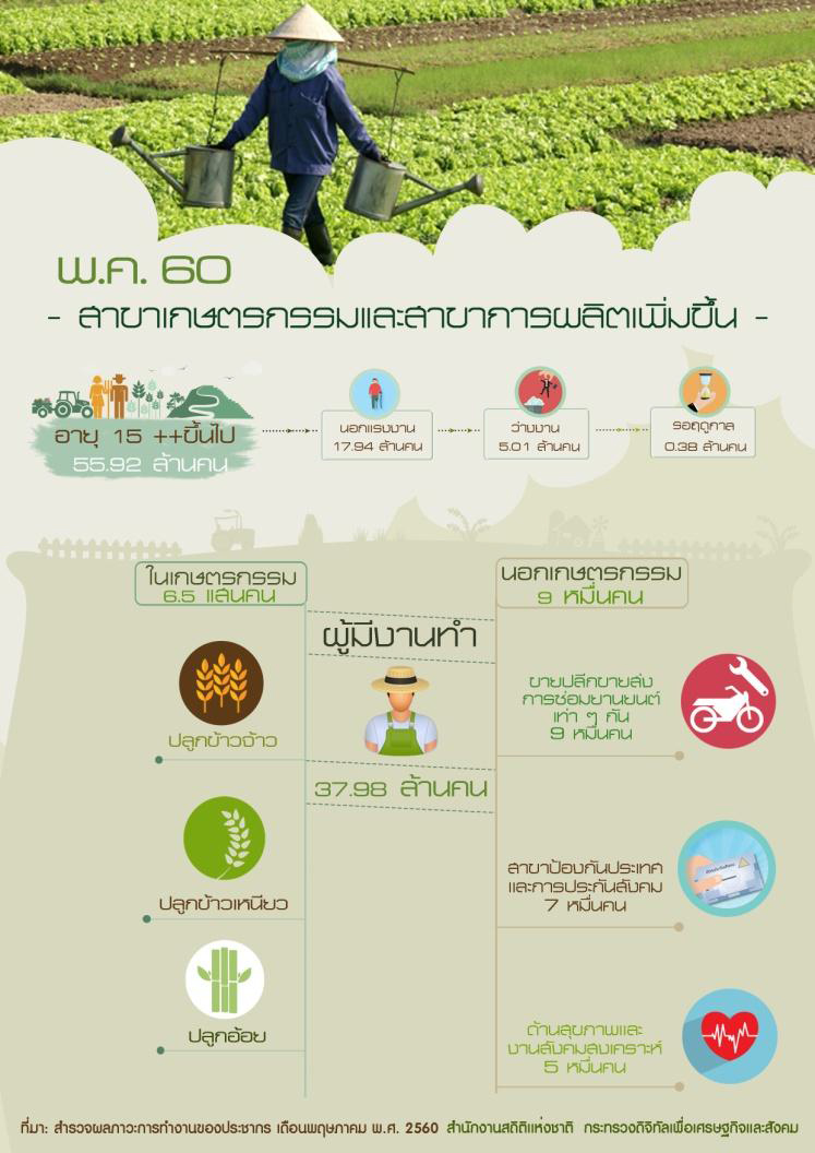 พ.ค. 60 การทำงานสาขาเกษตรกรรมและสาขาการผลิตเพิ่มขึ้น